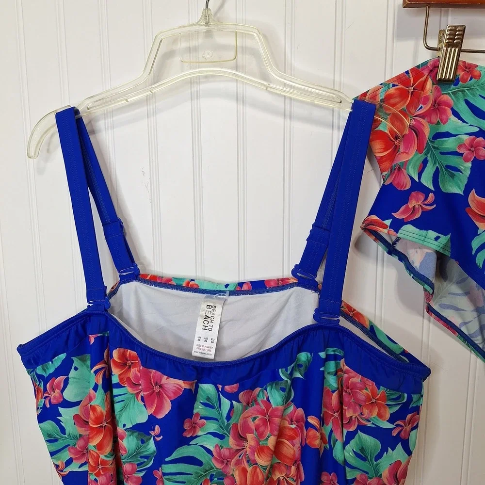 Beach to Beach Womens 24 Two Piece Swimsuit Blue Floral Un Padded‎ Convertible